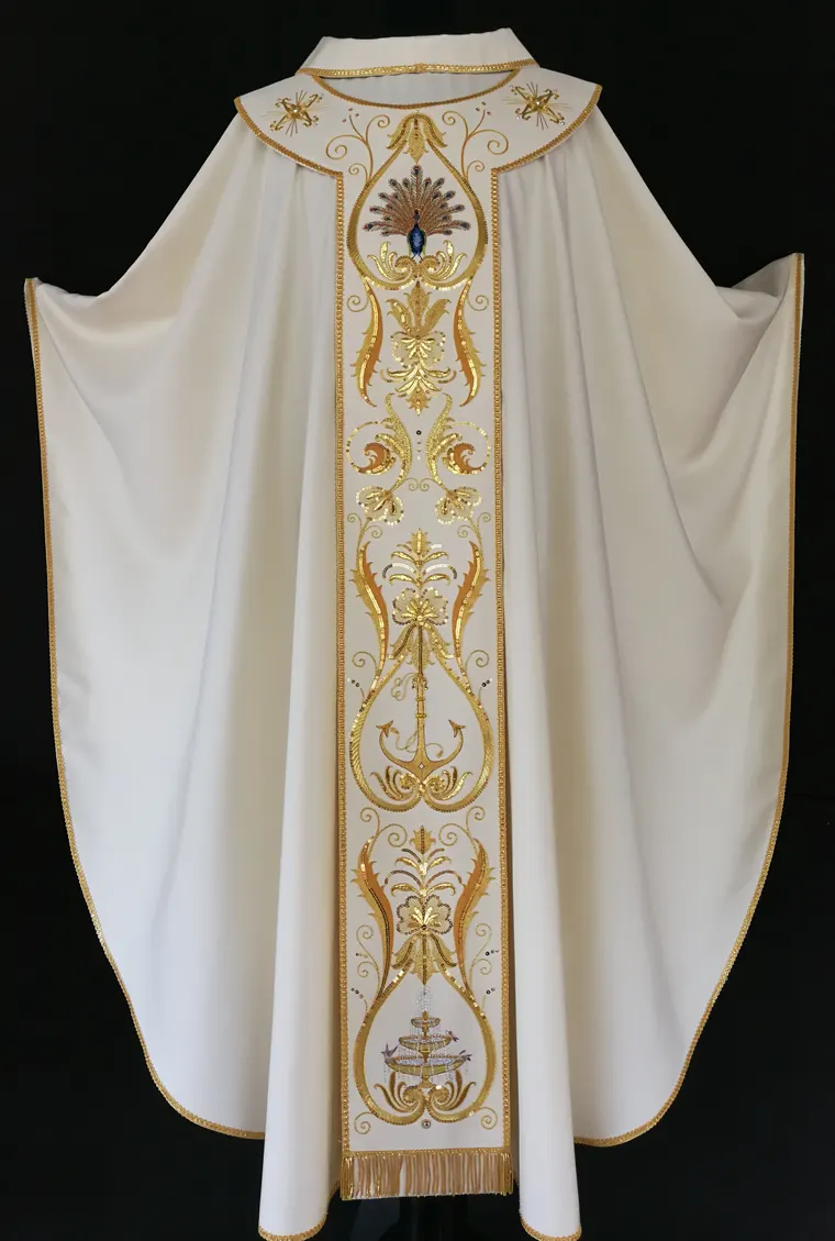 Casula avorio con stolone ricamato in oro con pavone, fontana e simboli